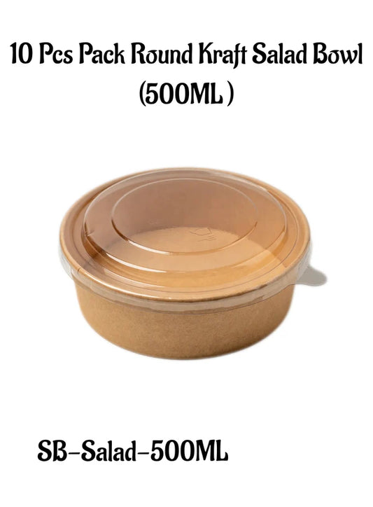 Kraft Paper Round Salad Bowl With Lid (500ML) | 14.5 x 5 cm | Paper Food Container  (SB-Salad-500ML) - (MOQ 100 PCS)