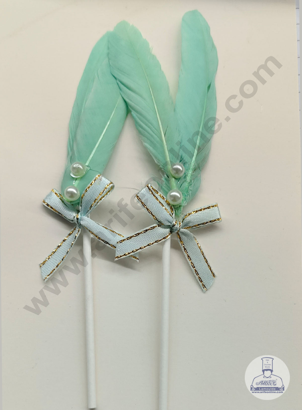 2 Pcs Light Green Shade Feather Topper For Cake Decoration (MOQ 12 PCS) (IE)