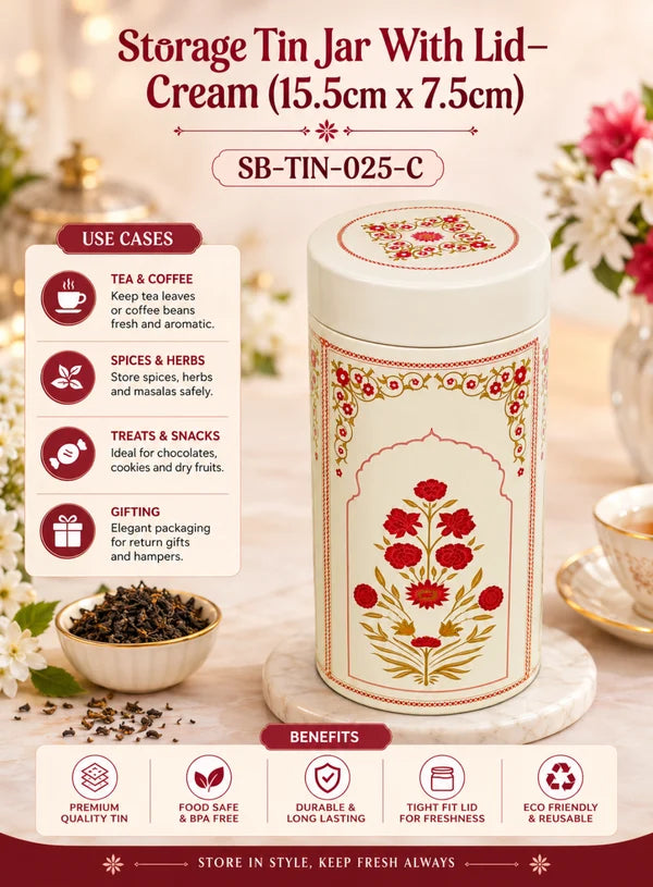 Big Metal Storage Tin Jar with Lid - Cream | (6x3 Inch) | Dry Fruit, Cookie & Snack Packaging (SB-TIN-B-4141) - (MOQ 100 PCS) (FM.10)