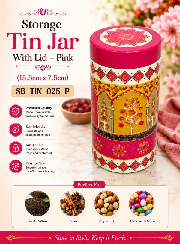 Big Metal Storage Tin Jar with Lid - Pink | (6x3 Inch) | Dry Fruit, Cookie & Snack Packaging (SB-TIN-B-4139) - (MOQ 100 PCS) (FM.10)