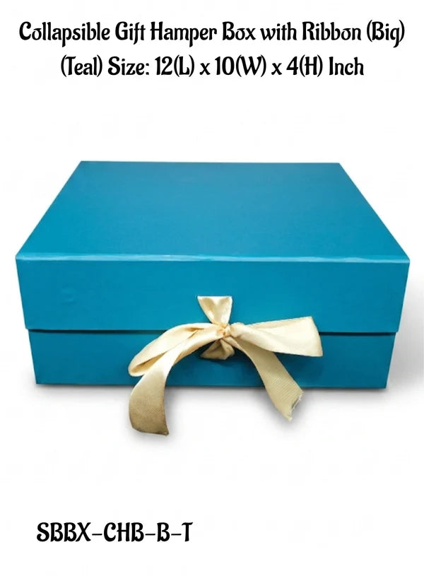 Big Collapsible Gift Hamper Box With Ribbon - Teal (12x10x4 Inch) | 1 Pc | Foldable Reusable Magnetic Gift Packaging Box (SBBX-CHB-B-T) - (MOQ 50 PCS)