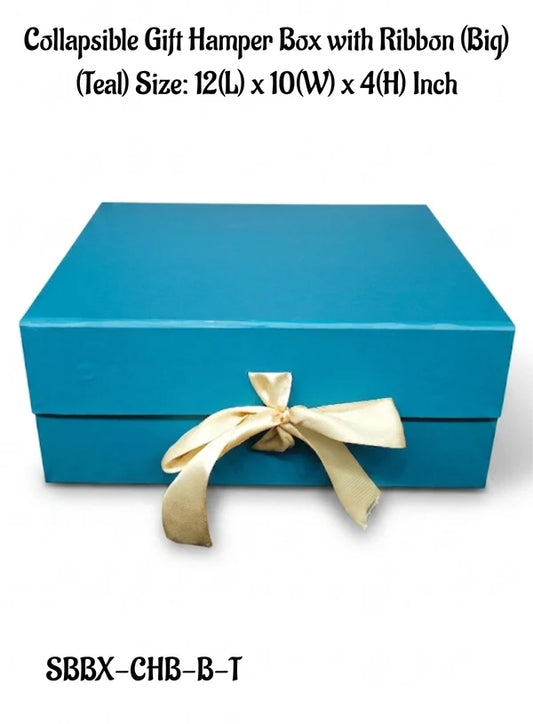 Big Collapsible Gift Hamper Box With Ribbon - Teal (12x10x4 Inch) | 1 Pc | Foldable Reusable Magnetic Gift Packaging Box (SBBX-CHB-B-T) - (MOQ 50 PCS)