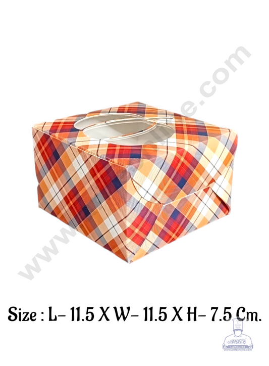 Pastry Box Orange And Red Checks  Colour With Window (Pack of 10 Pcs) (MOQ 12 PACK)