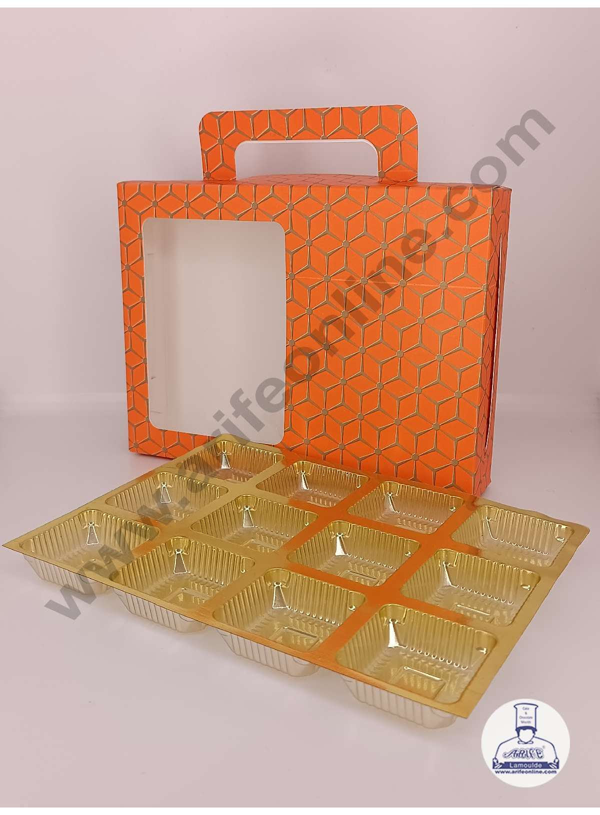 12 Cavity 3D Cube Print Chocolate Box with Cavity, Clear Window & Handle ( 10 Piece Pack ) - Orange (MOQ 12 PACK) (AED)