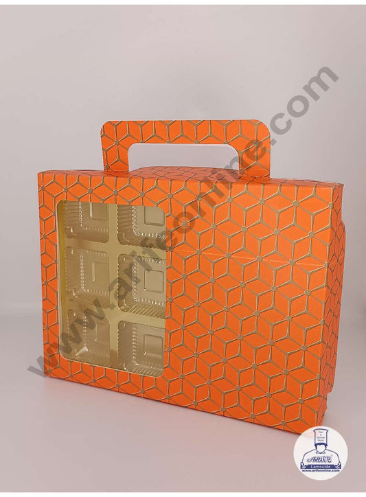 12 Cavity 3D Cube Print Chocolate Box with Cavity, Clear Window & Handle ( 10 Piece Pack ) - Orange (MOQ 12 PACK) (AED)