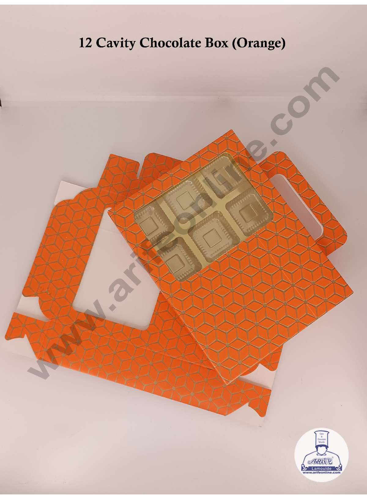 12 Cavity 3D Cube Print Chocolate Box with Cavity, Clear Window & Handle ( 10 Piece Pack ) - Orange (MOQ 12 PACK) (AED)