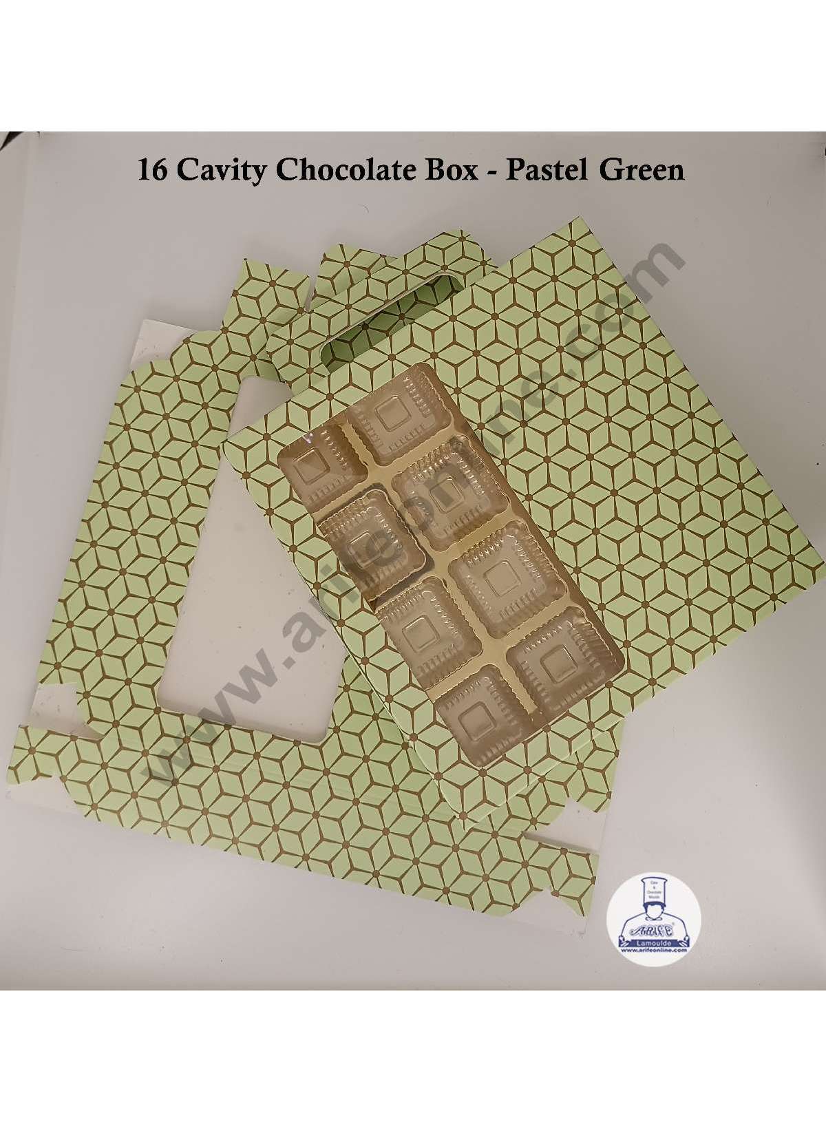 16 Cavity 3D Cube Print Chocolate Box with Cavity, Clear Window & Handle ( 10 Piece Pack ) - Pastel Green (MOQ 12 PACK) (RDD)