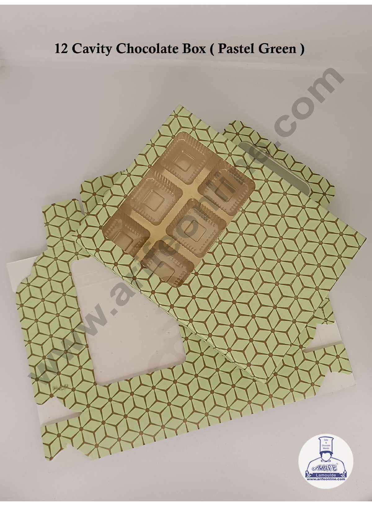 12 Cavity 3D Cube Print Chocolate Box with Cavity, Clear Window & Handle ( 10 Piece Pack ) - Pastel Green (MOQ 12 PACK) (AED)