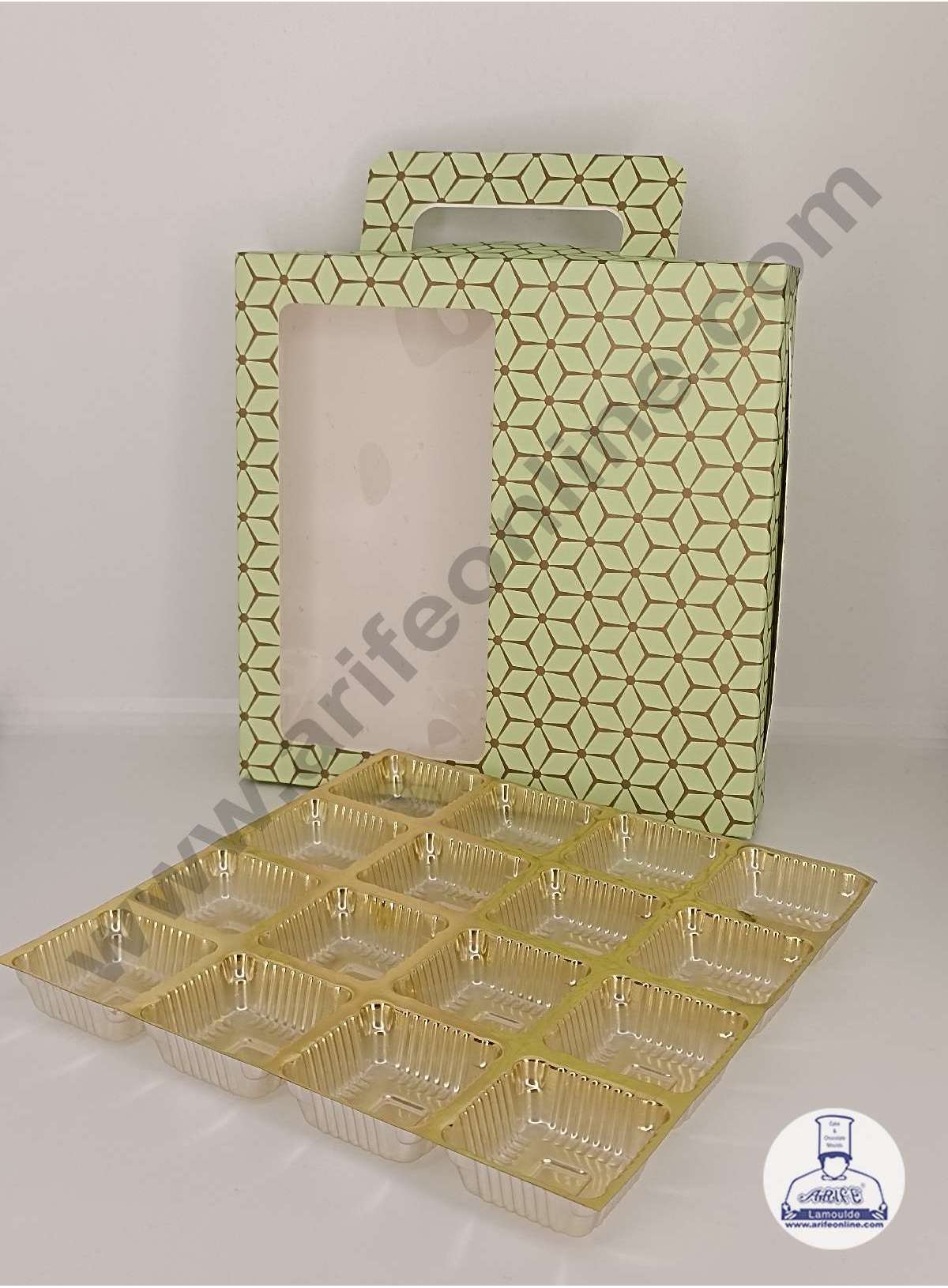 16 Cavity 3D Cube Print Chocolate Box with Cavity, Clear Window & Handle ( 10 Piece Pack ) - Pastel Green (MOQ 12 PACK) (RDD)