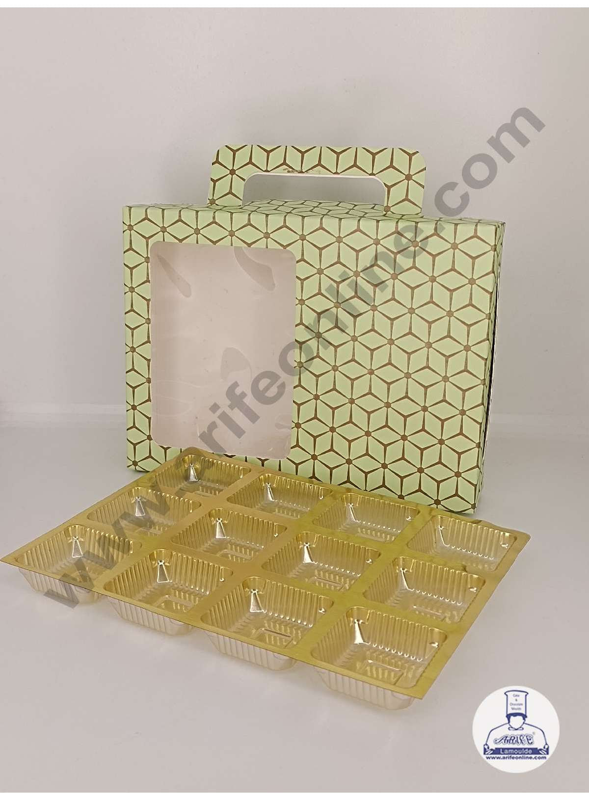 12 Cavity 3D Cube Print Chocolate Box with Cavity, Clear Window & Handle ( 10 Piece Pack ) - Pastel Green (MOQ 12 PACK) (AED)