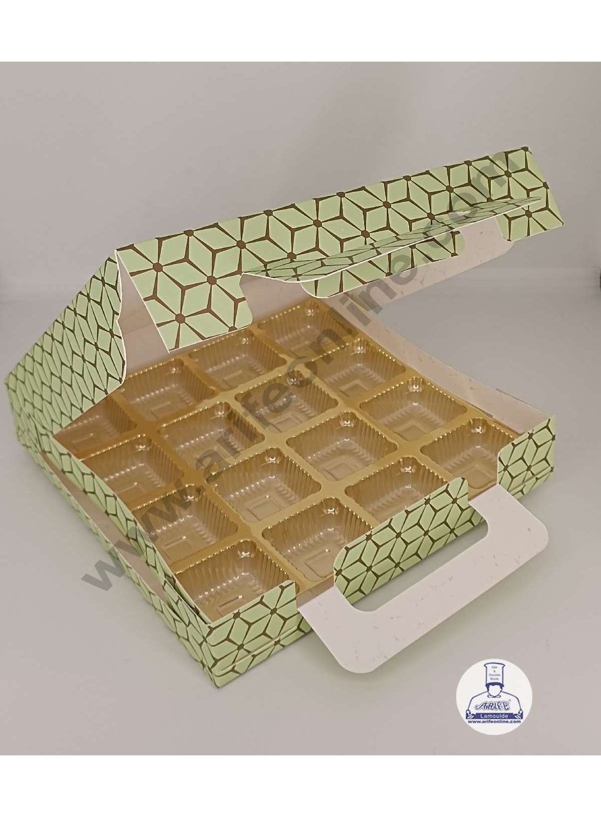 16 Cavity 3D Cube Print Chocolate Box with Cavity, Clear Window & Handle ( 10 Piece Pack ) - Pastel Green (MOQ 12 PACK) (RDD)