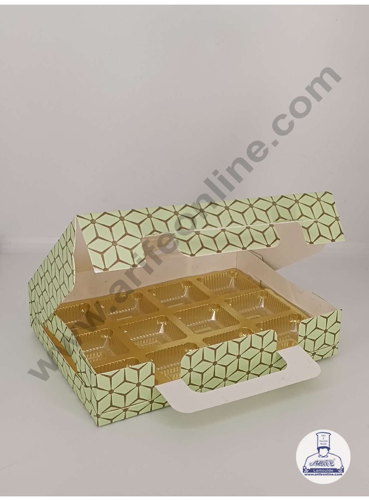 12 Cavity 3D Cube Print Chocolate Box with Cavity, Clear Window & Handle ( 10 Piece Pack ) - Pastel Green (MOQ 12 PACK) (AED)
