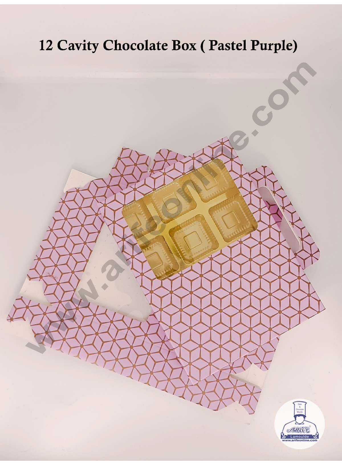 12 Cavity 3D Cube Print Chocolate Box with Cavity, Clear Window & Handle ( 10 Piece Pack ) - Pastel Purple (MOQ 12 PACK) (AED)