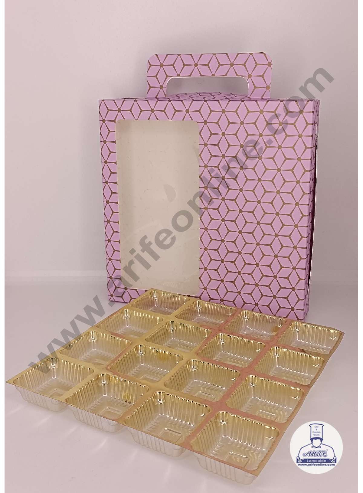 16 Cavity 3D Cube Print Chocolate Box with Cavity, Clear Window & Handle ( 10 Piece Pack ) - Pastel Purple (MOQ 12 PACK) (RDD)