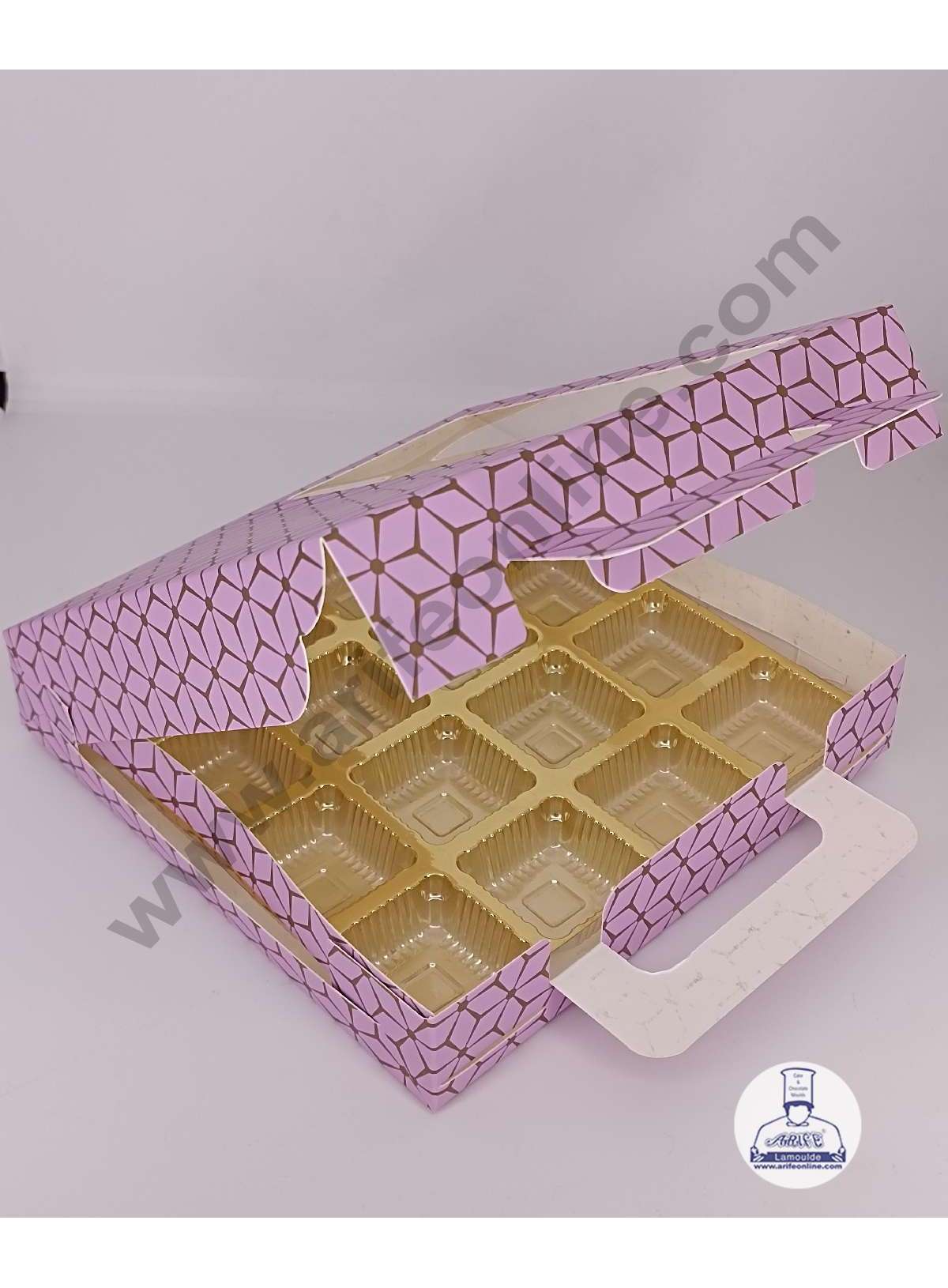 16 Cavity 3D Cube Print Chocolate Box with Cavity, Clear Window & Handle ( 10 Piece Pack ) - Pastel Purple (MOQ 12 PACK) (RDD)
