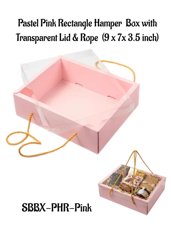 Pastel Pink Rectangle Hamper Box with Transparent Lid & Rope – 9 x 7 x 3.5 Inch | Premium Gift Packaging Box(SBBX-PHR-Pink)  (MOQ 100 PCS) (IE)