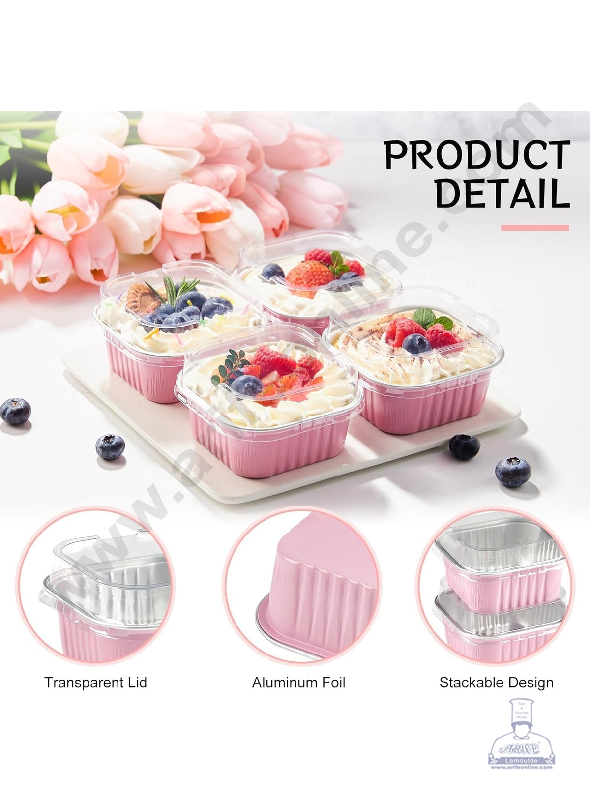 Square Atom Aluminium Cup Tin Foil With Lid Bake & Serve Cup| Aluminium Containers | Non-Stick Foil Baking Cups - Pink - 2000 Pcs per cartoon (MOQ 1 CRTN) (O)