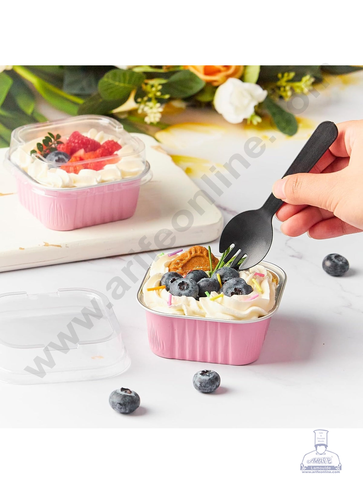 Square Atom Aluminium Cup Tin Foil With Lid Bake & Serve Cup| Aluminium Containers | Non-Stick Foil Baking Cups - Pink - 2000 Pcs per cartoon (MOQ 1 CRTN) (O)