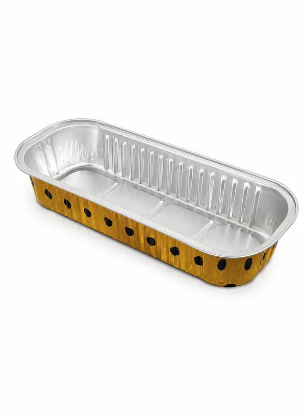 Polka Dot Printed Rectangle Aluminium Foil Cup With Lid (6.5x2.5x2 Inch) | Food Grade | Oven & Freezer Safe | Cake & Dessert Container (SB-PT-166X30-P)  2000 Pcs per cartoon (MOQ 1 CRTN) (AA)