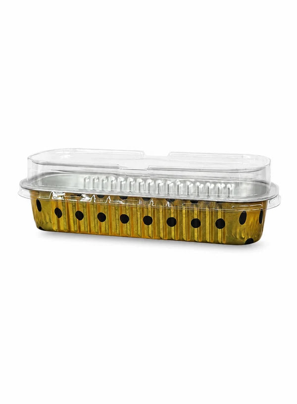 Polka Dot Printed Rectangle Aluminium Foil Cup With Lid (6.5x2.5x2 Inch) | Food Grade | Oven & Freezer Safe | Cake & Dessert Container (SB-PT-166X30-P)  2000 Pcs per cartoon (MOQ 1 CRTN) (AA)