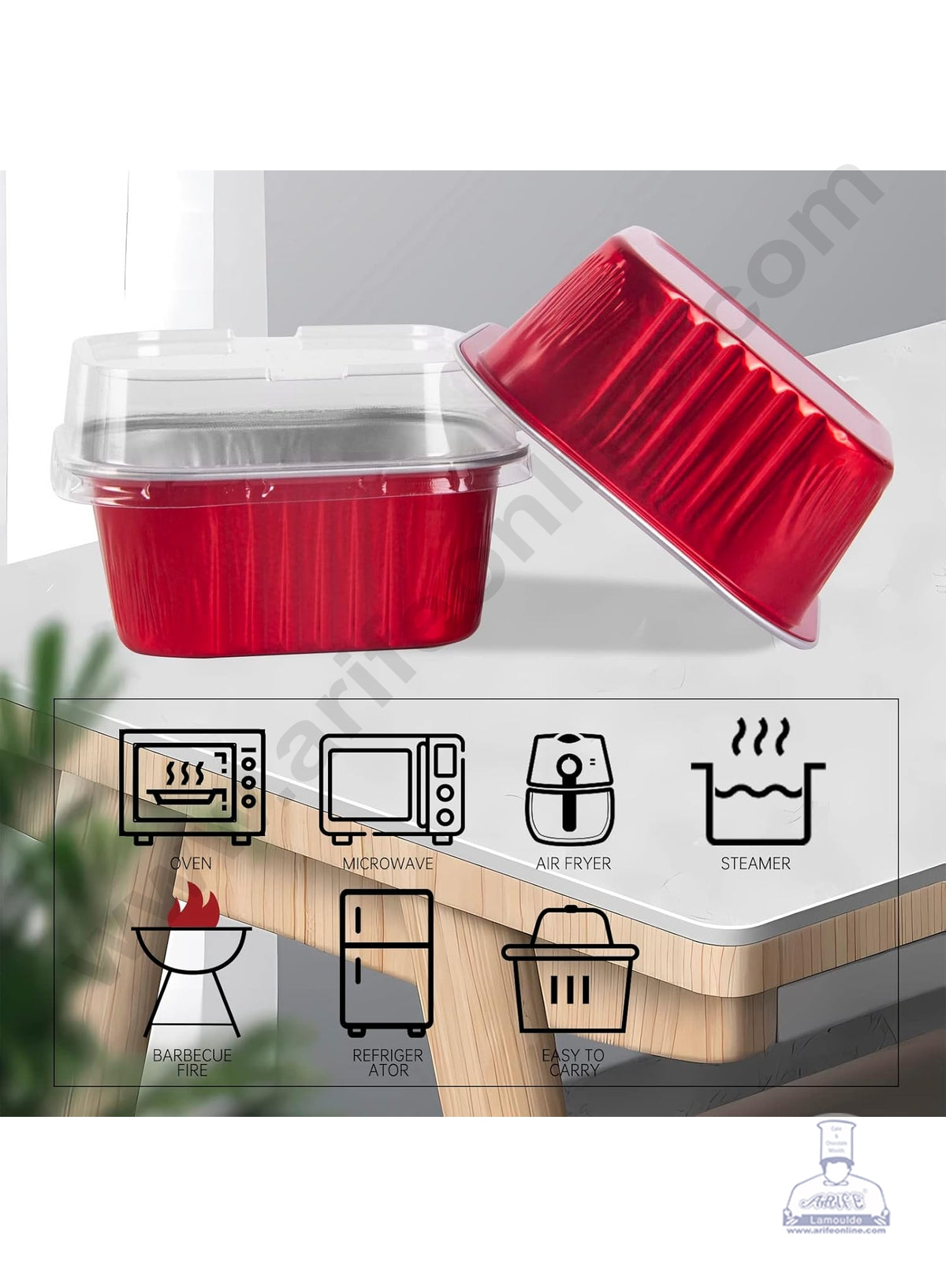 Square Atom Aluminium Cup Tin Foil With Lid Bake & Serve Cup| Aluminium Containers | Non-Stick Foil Baking Cups - Red - 2000 Pcs per cartoon (MOQ 1 CRTN)(O)