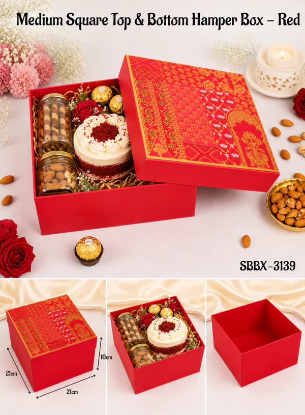 Red Traditional Square Top & Bottom Hamper Box (8x8x4 Inch) | Gift Packaging Box (SBBX-3139) - (MOQ 100 PCS)