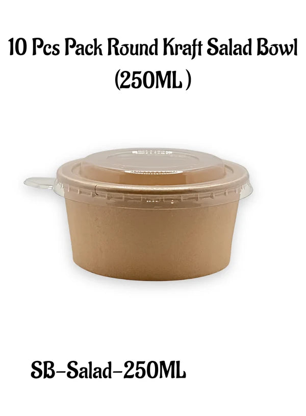 Kraft Paper Round Salad Bowl With Lid (250ML) | 10.5 x 5 cm | Paper Food Container (SB-Salad-250ML) - (MOQ 100 PCS)