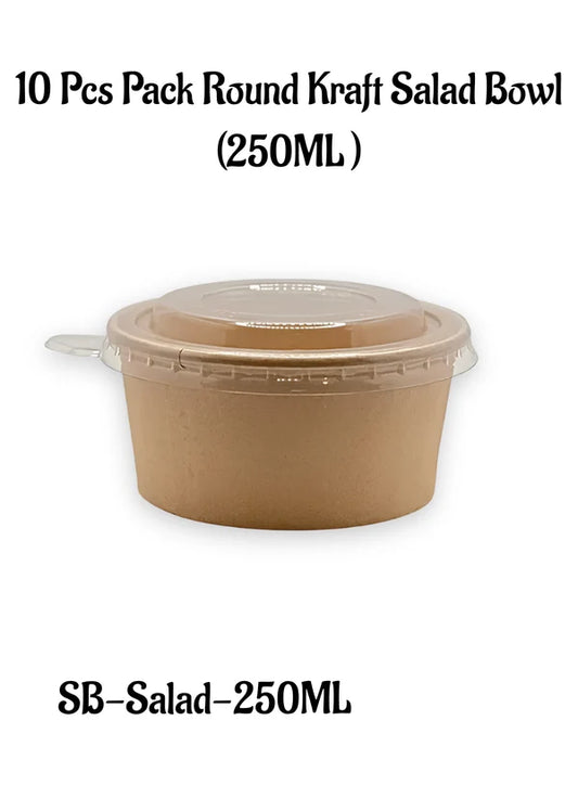 Kraft Paper Round Salad Bowl With Lid (250ML) | 10.5 x 5 cm | Paper Food Container (SB-Salad-250ML) - (MOQ 100 PCS)
