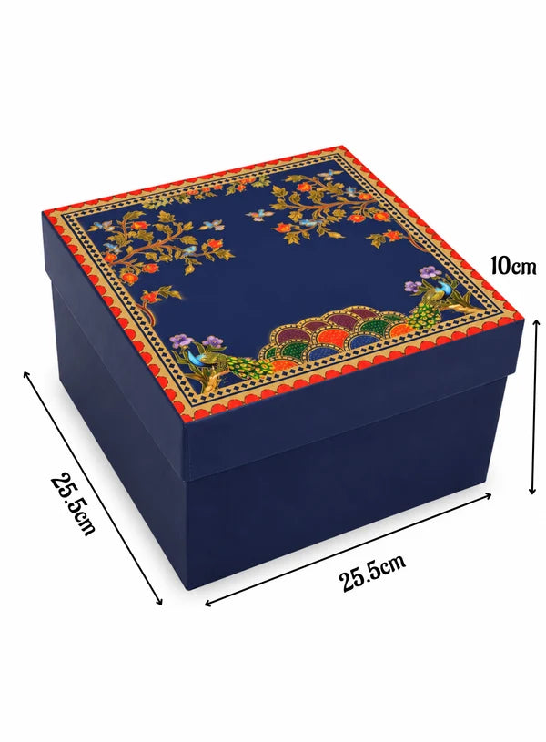 Royal Blue Peacock Square Top & Bottom Hamper Box (10x10x4 Inch) | Gift Packaging Box (SBBX-3137) (MOQ 100 PCS)