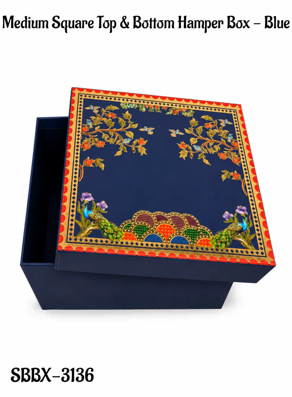 Royal Blue Peacock Square Top & Bottom Hamper Box (8x8x4 Inch) | Gift Packaging Box (SBBX-3136) - (MOQ 100 PCS)