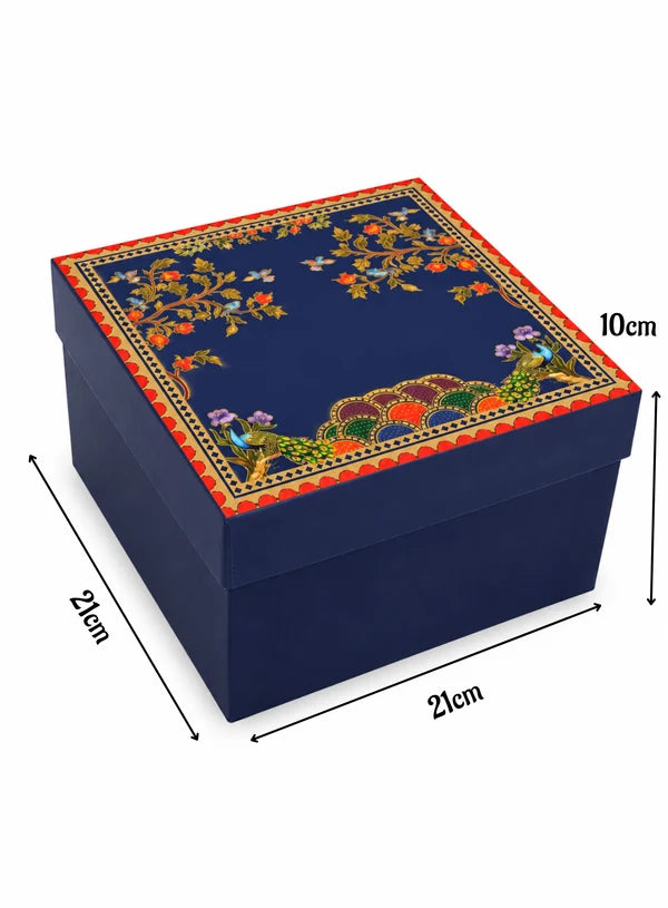 Royal Blue Peacock Square Top & Bottom Hamper Box (8x8x4 Inch) | Gift Packaging Box (SBBX-3136) - (MOQ 100 PCS)