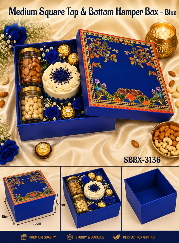 Royal Blue Peacock Square Top & Bottom Hamper Box (8x8x4 Inch) | Gift Packaging Box (SBBX-3136) - (MOQ 100 PCS)
