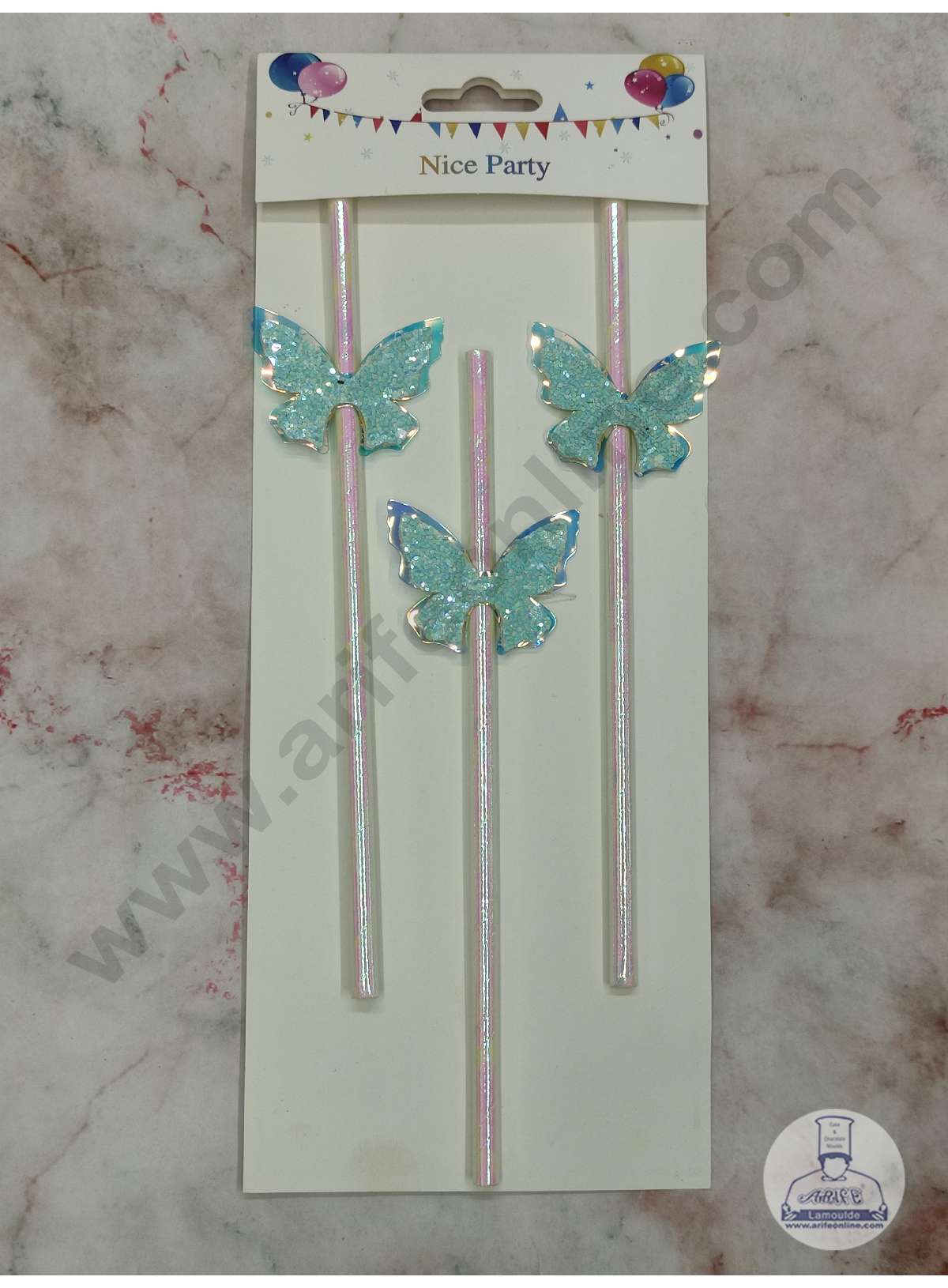 3pcs Dual Shade Blue Butterfly Straw Topper For Cake Decoration( SB-STRAW-336-BB ) (MOQ 12 PCS)