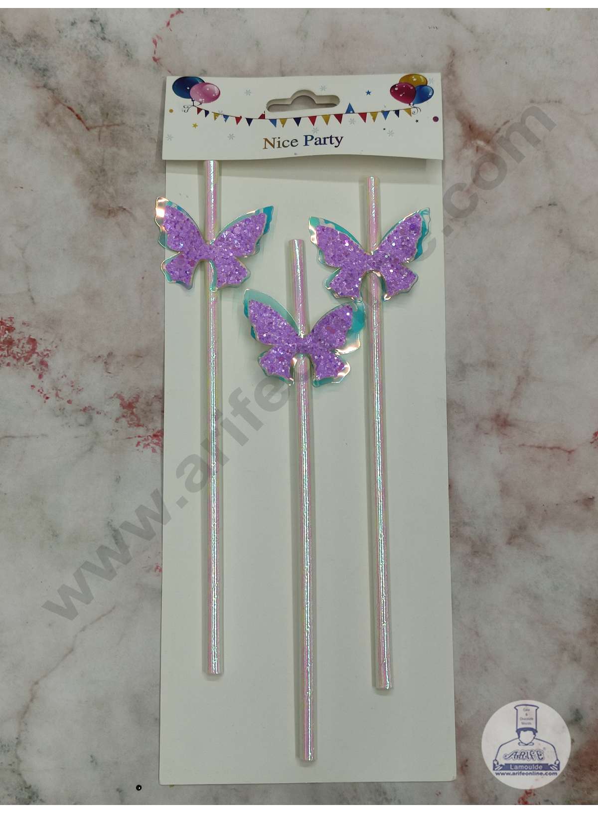 3pcs Dual Shade Purple Blue Butterfly Straw Topper For Cake Decoration( SB-STRAW-336-PRB ) (MOQ 12 PCS)  (ID)
