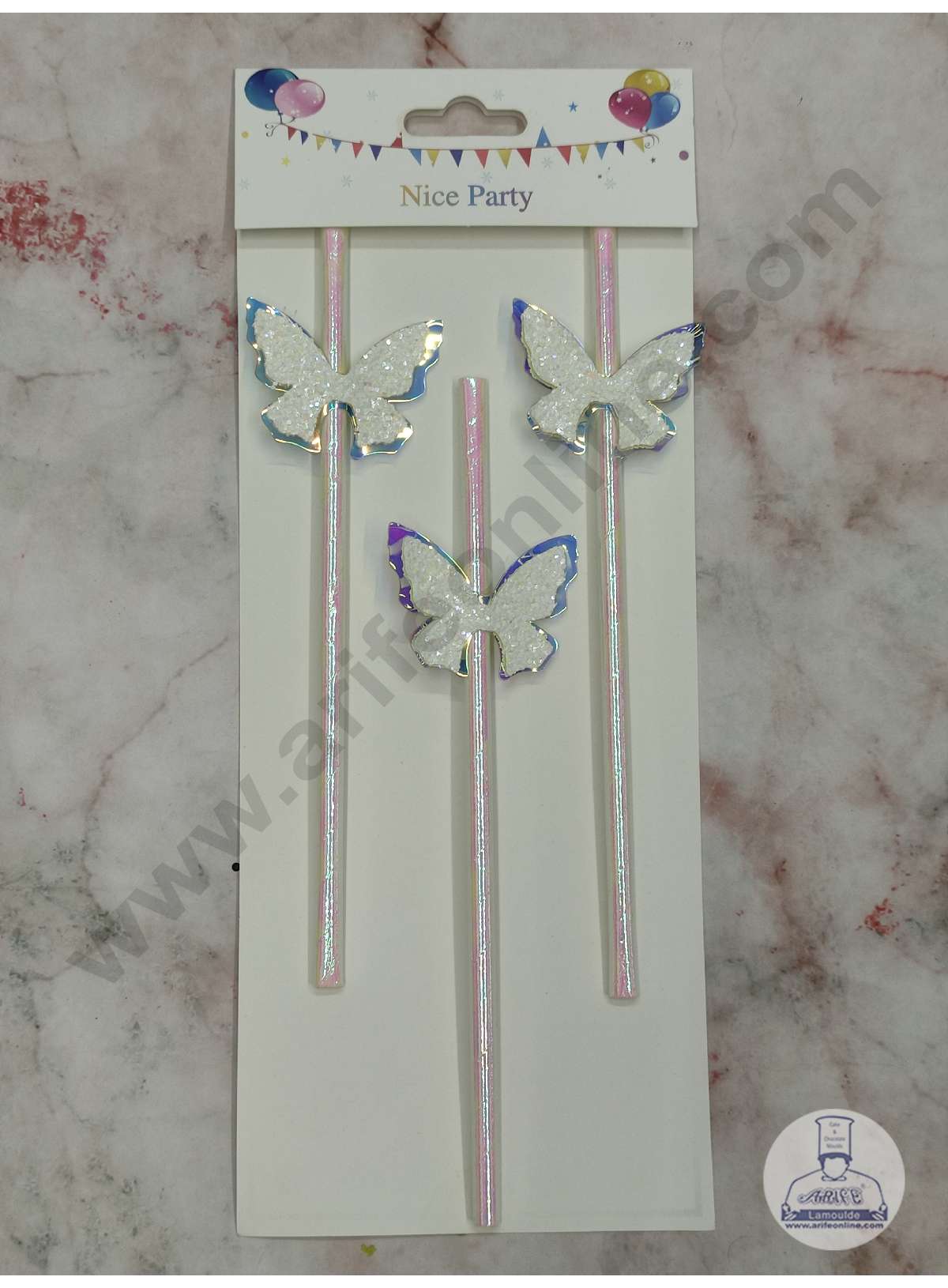 3pcs Dual Shade White Blue Butterfly Straw Topper For Cake Decoration( SB-STRAW-336-WB )  (MOQ 12 PCS)  (ID)