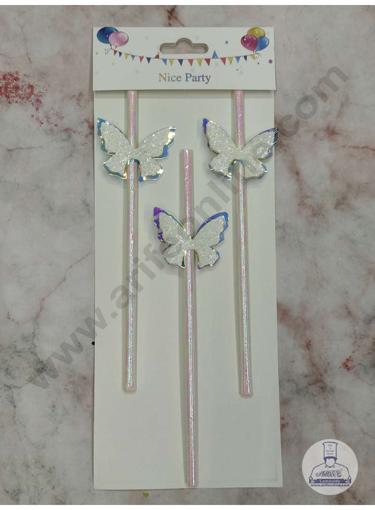 3pcs Dual Shade White Blue Butterfly Straw Topper For Cake Decoration( SB-STRAW-336-WB )  (MOQ 12 PCS)  (ID)