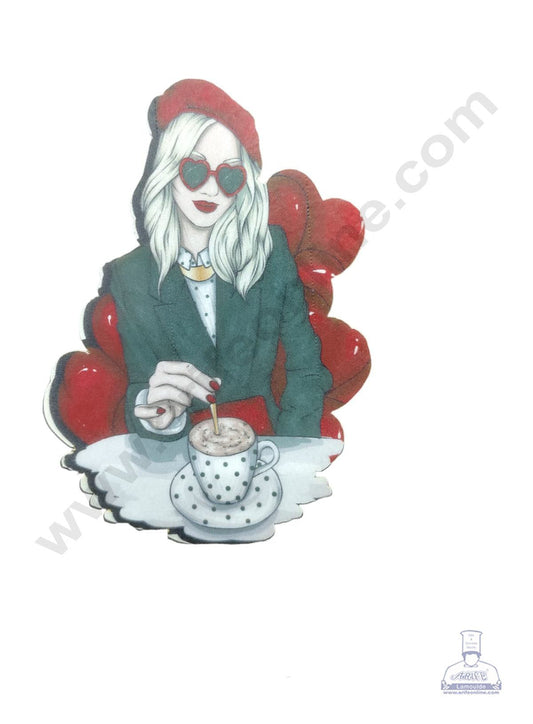 Edible Theme Topper Pre Cut Wafer Paper High Quality - Girl With Coffee - ( 1 pc Pack ) SB-WPC-3107  (MOQ 12 PCS)