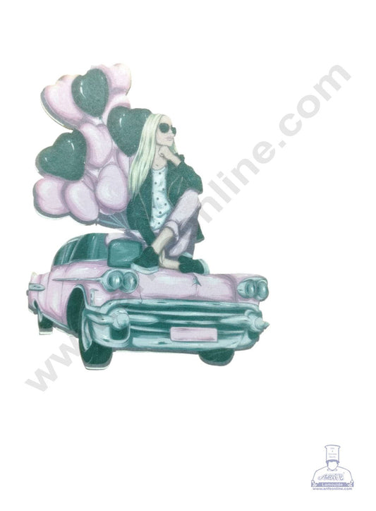 Edible Theme Topper Pre Cut Wafer Paper High Quality - Girl Sitting on Car with Balloons Cake Topper - ( 1 pc Pack ) SB-EWP-50  (MOQ 12 PCS)