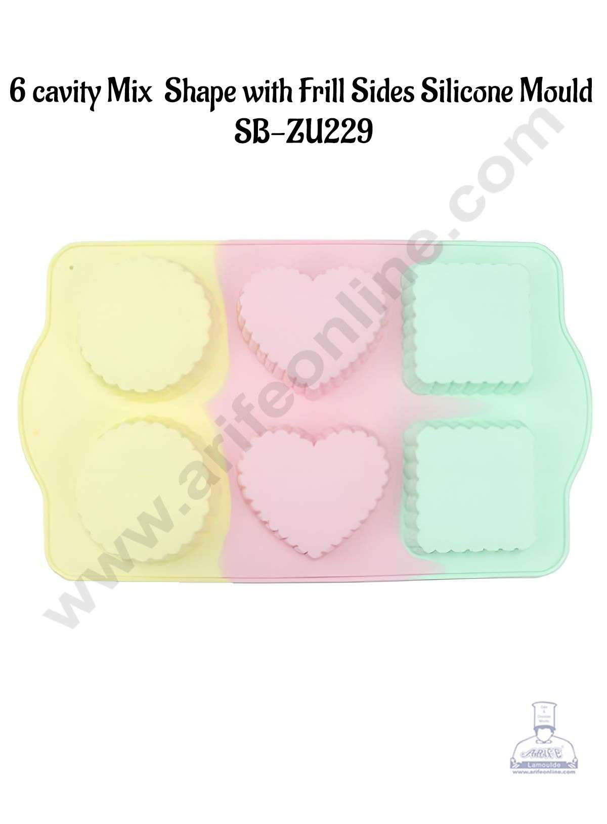 6 cavity Mix Round, Square, Heart with Frill Sides Shape Rainbow Silicone Mould SB-ZU229