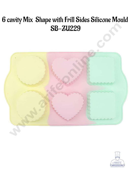 6 cavity Mix Round, Square, Heart with Frill Sides Shape Rainbow Silicone Mould SB-ZU229