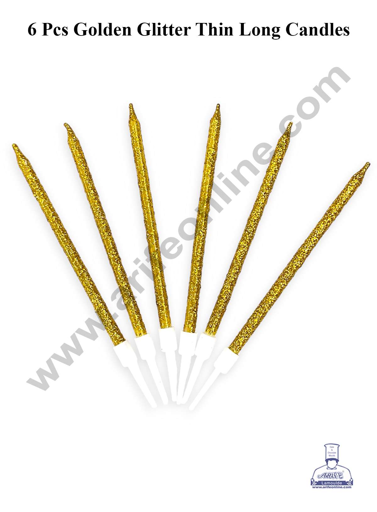 Golden Glitter Thin Long Candles with Stand for Cake & Cupcake Decoration (6 Pcs Set) (MOQ 12 SET)