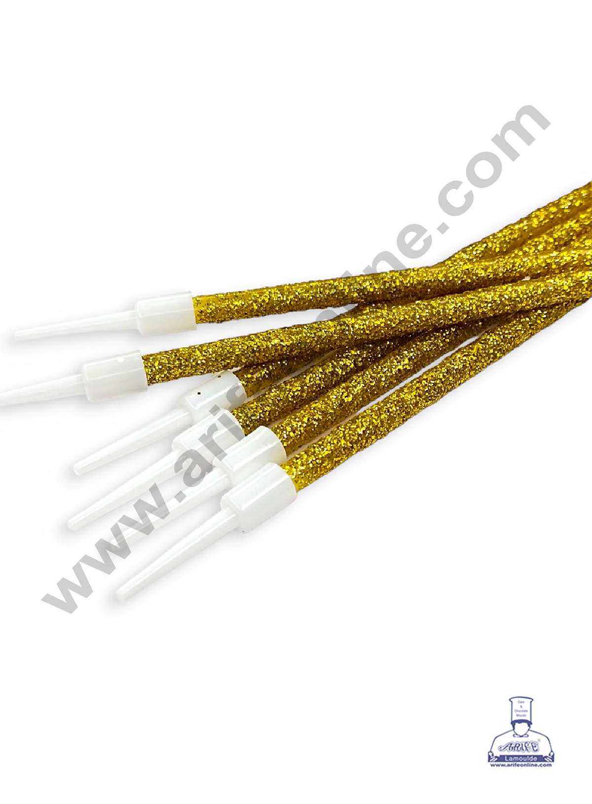 Golden Glitter Thin Long Candles with Stand for Cake & Cupcake Decoration (6 Pcs Set) (MOQ 12 SET)