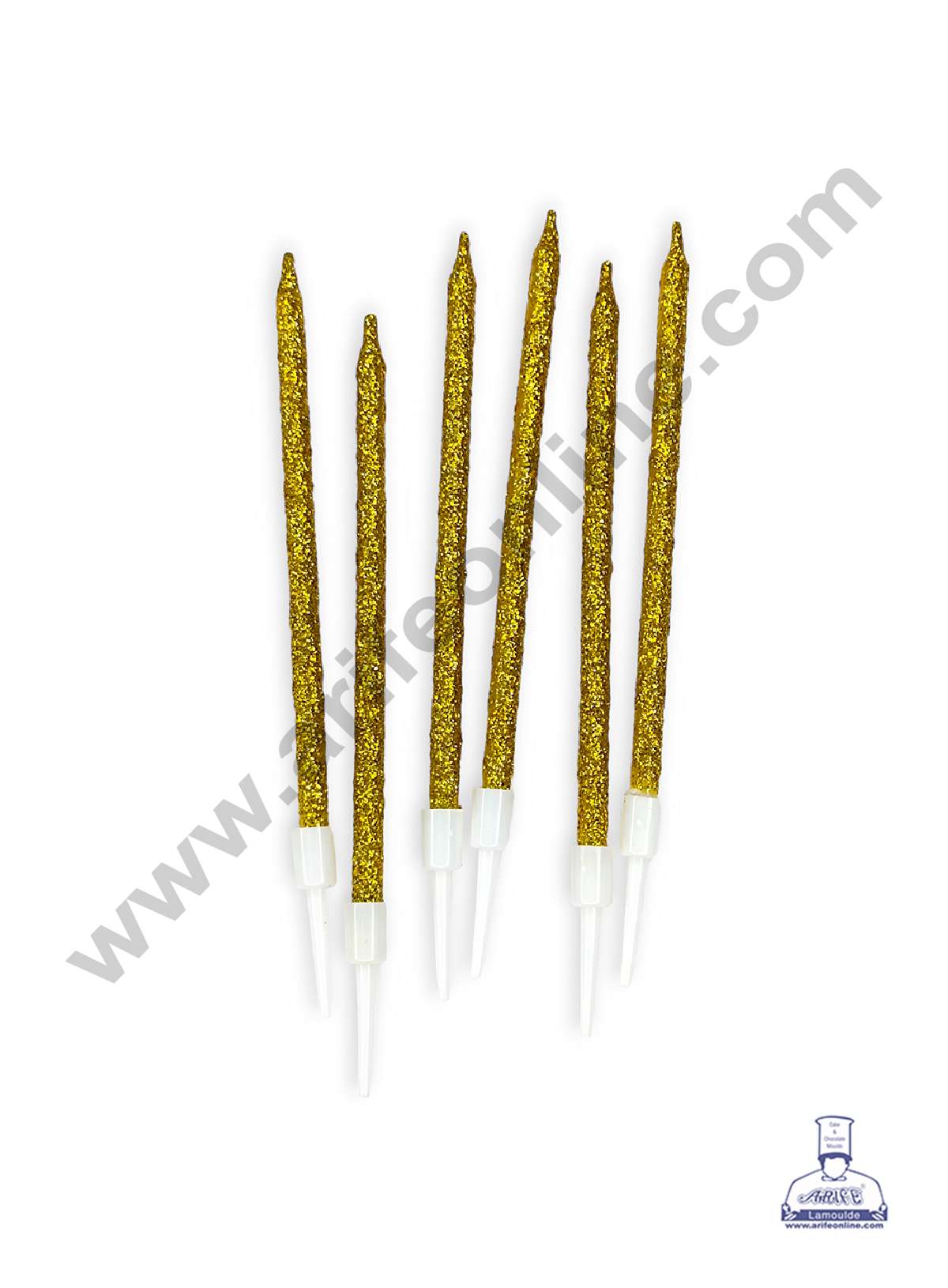 Golden Glitter Thin Long Candles with Stand for Cake & Cupcake Decoration (6 Pcs Set) (MOQ 12 SET)
