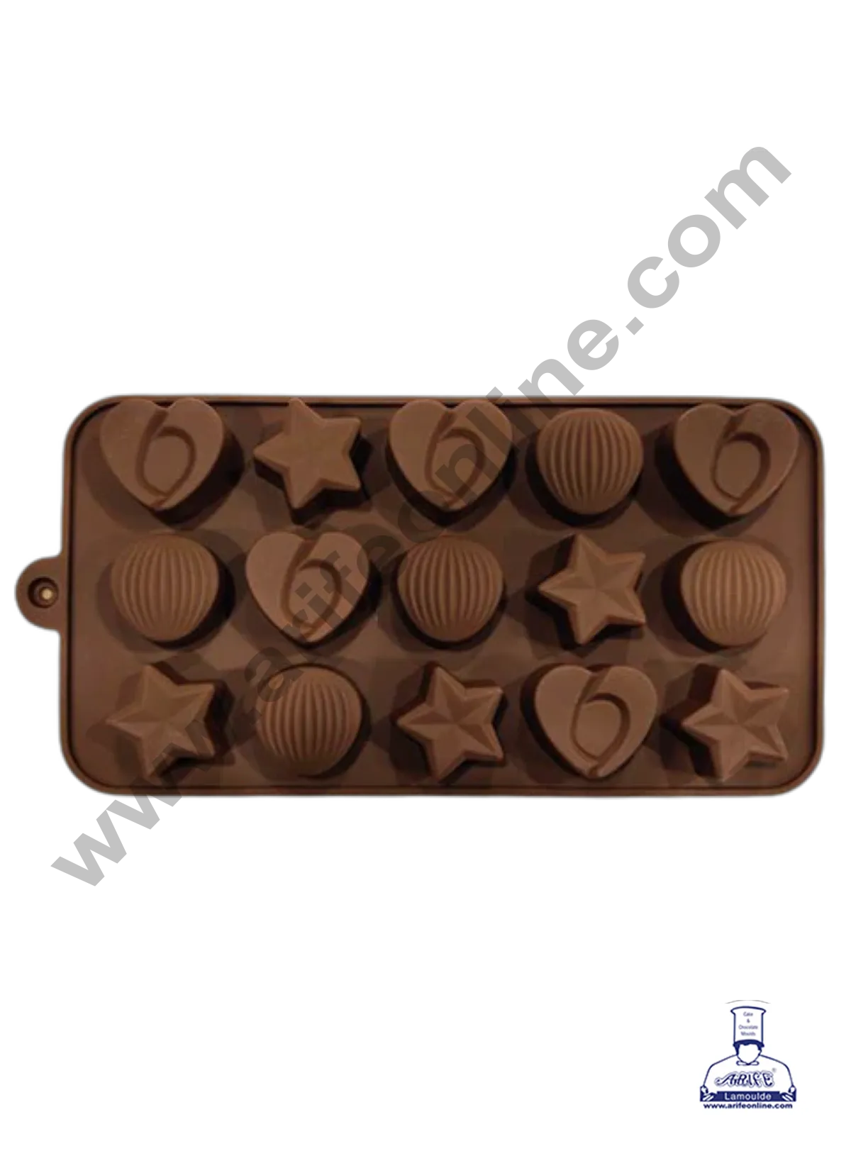 15-Cavity Hearts,Stars and Shells Shape Silicone Brown chocolate Moulds   (MOQ 12 PCS)