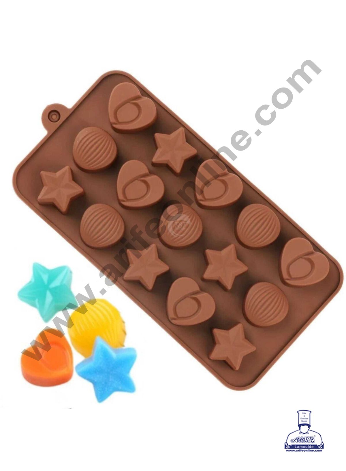 15-Cavity Hearts,Stars and Shells Shape Silicone Brown chocolate Moulds   (MOQ 12 PCS)