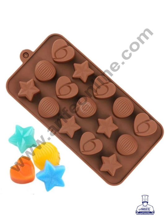 15-Cavity Hearts,Stars and Shells Shape Silicone Brown chocolate Moulds   (MOQ 12 PCS)