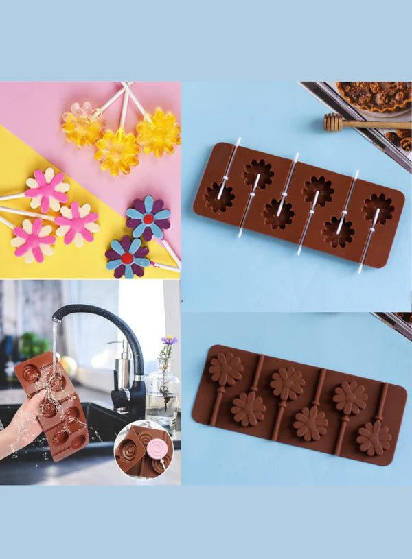 6-Cavity Flower Shape Lollipop Silicone Chocolate Mould | Non-Stick Mold for Baking & Crafting | 1 Piece Pack | (SB-3158)  (MOQ 12 PCS)