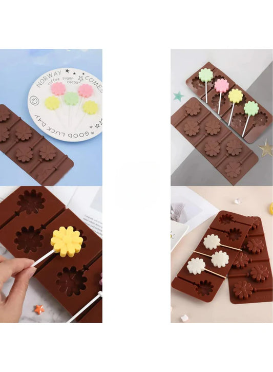 6-Cavity Flower Shape Lollipop Silicone Chocolate Mould | Non-Stick Mold for Baking & Crafting | 1 Piece Pack | (SB-3158)  (MOQ 12 PCS)