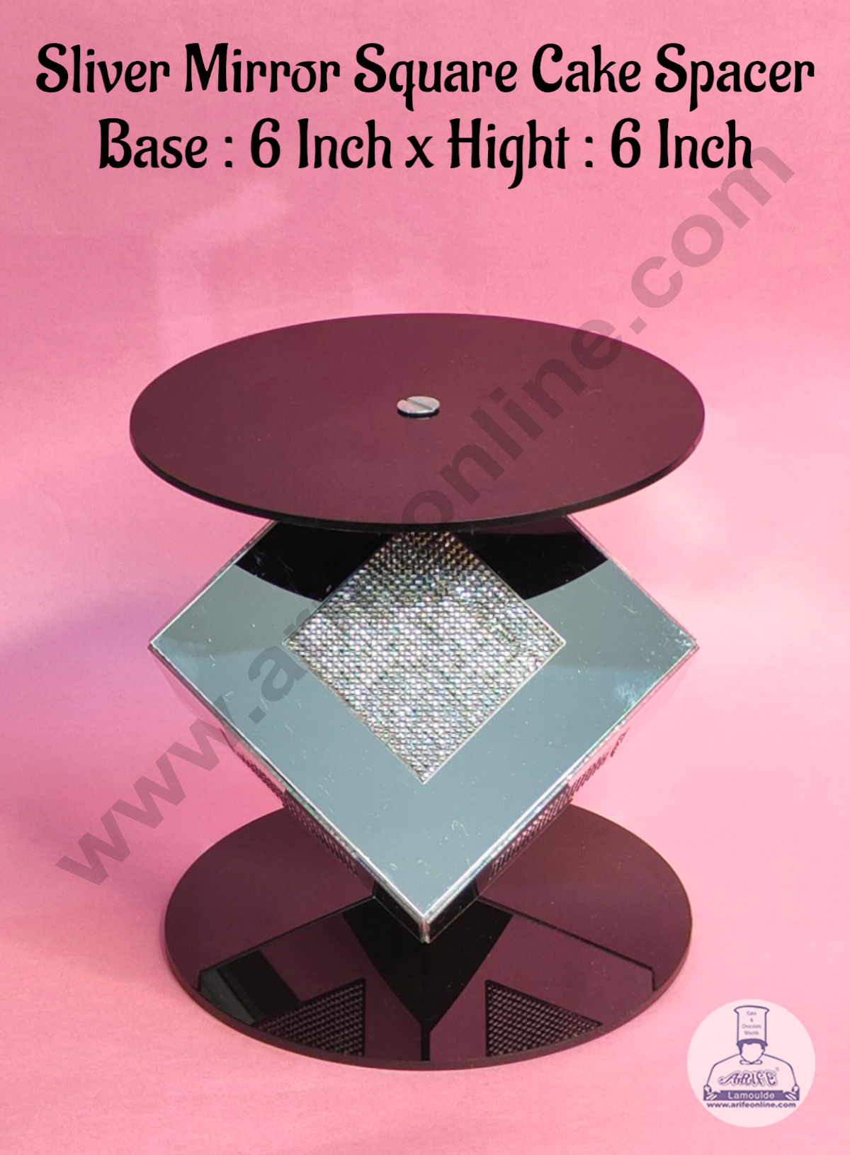 Silver Mirror Square Cake Spacer with Diamond Design For Cake Decoration - Base 6 inch X Height 6 inch  (MOQ 12 PCS)