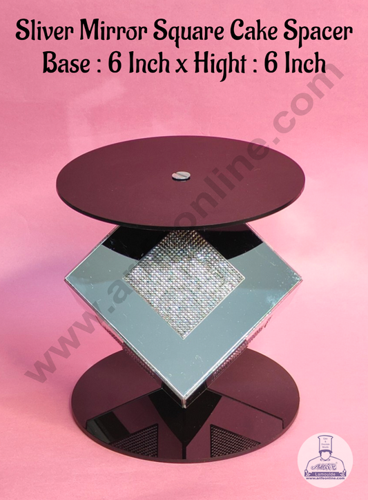 Silver Mirror Square Cake Spacer with Diamond Design For Cake Decoration - Base 6 inch X Height 6 inch  (MOQ 12 PCS)